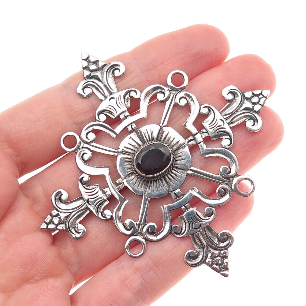 925 Sterling Silver Vintage Real Garnet Fleur de Lis Cross Oxidized Pin Brooch